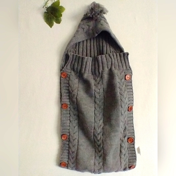 Newborn Baby Swaddle Blanket Knit Classic Preppy Cozy With Hood Gray - Picture 1 of 10